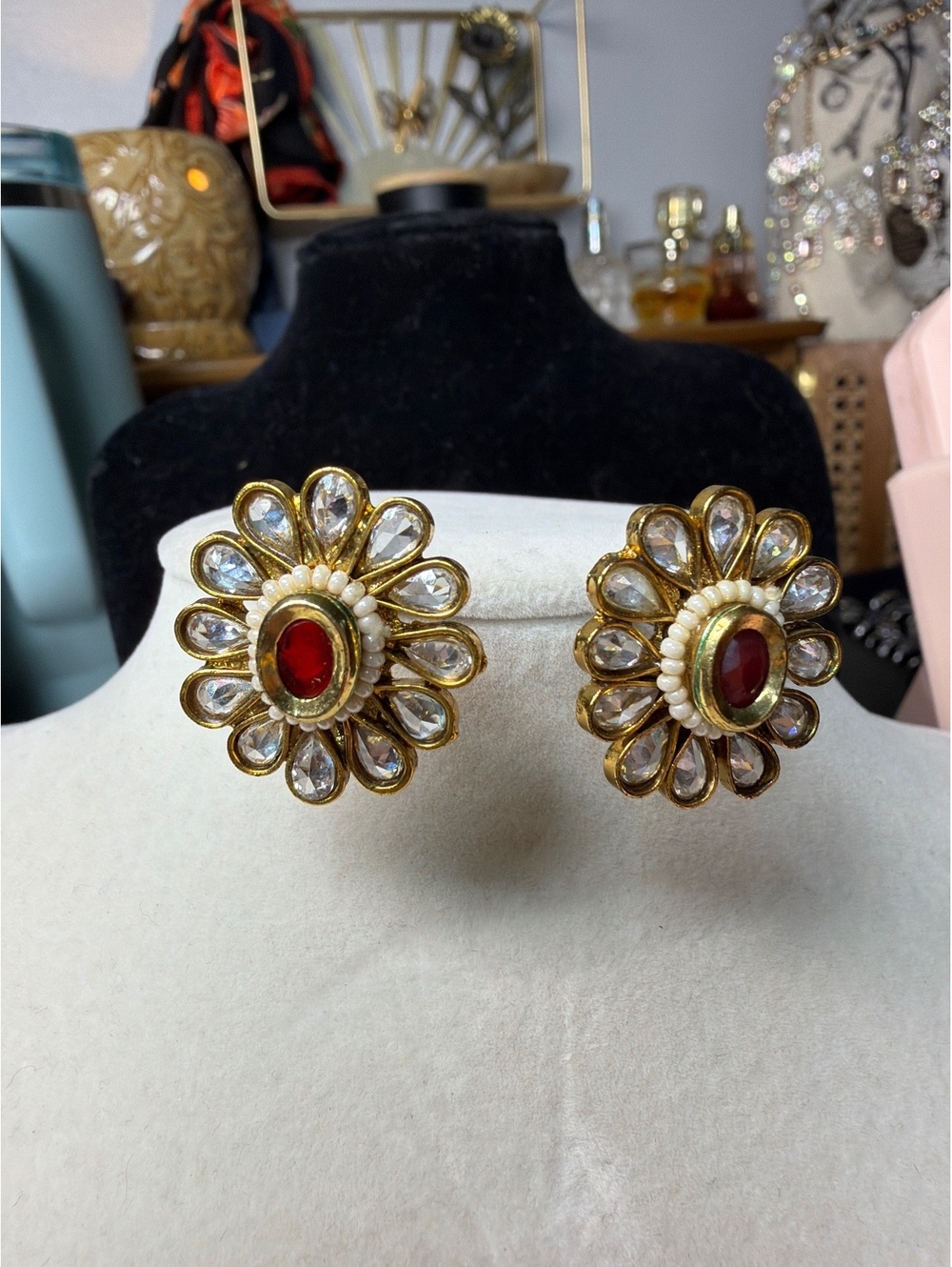 Vintage Gold Tone Floral Rhinestone Earrings Red Cabochon